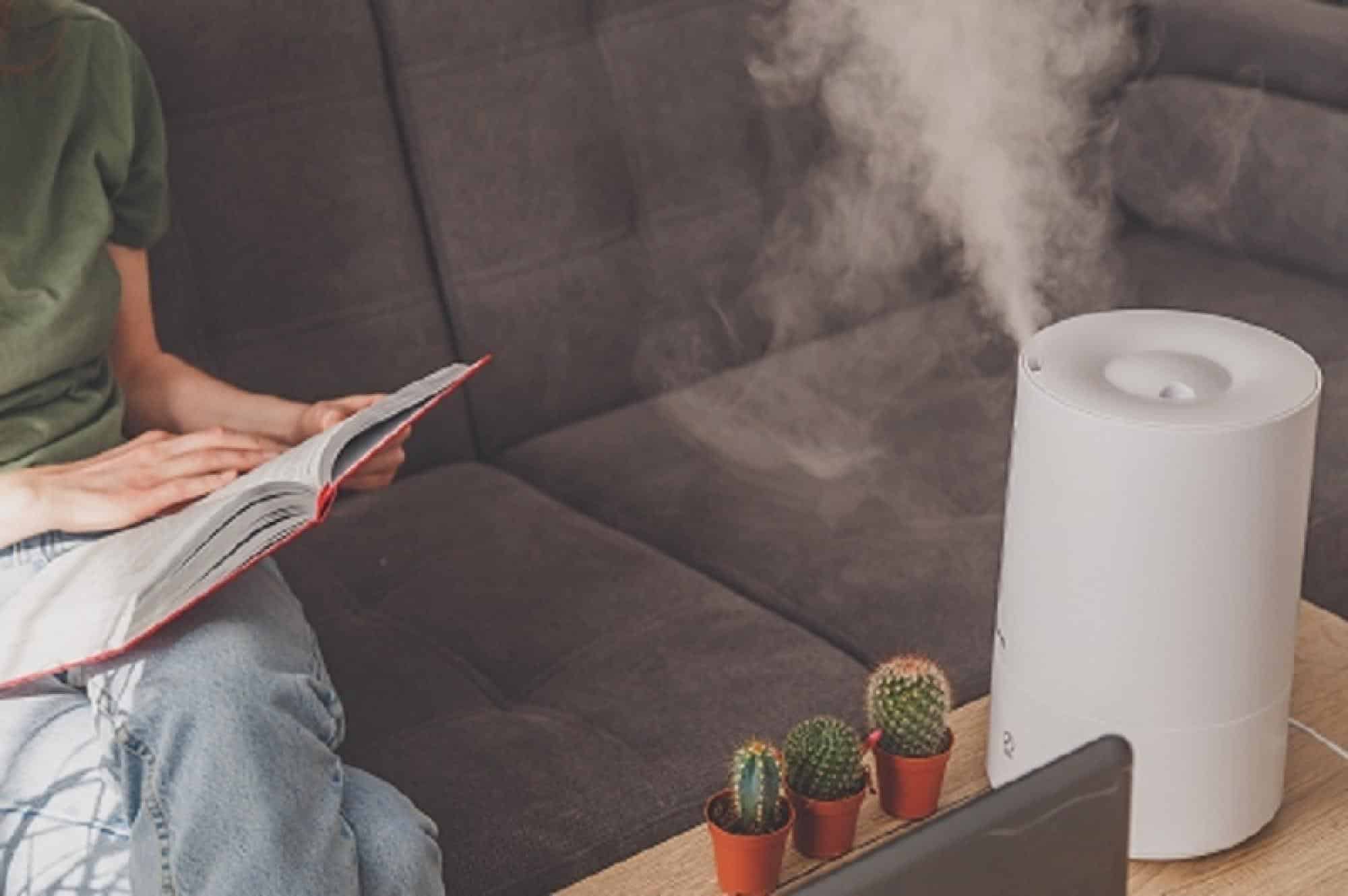 Woman sitting on a couch reading a book with a humidifier to help during winter